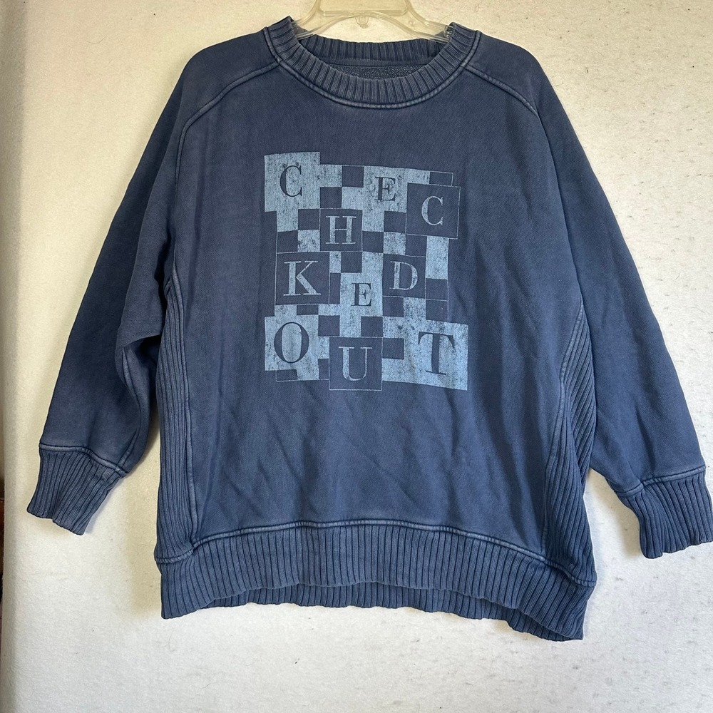 Aerie Checked Out Graphic Sweatshirt Navy Blue Ribbed Crewneck M J24B5G88